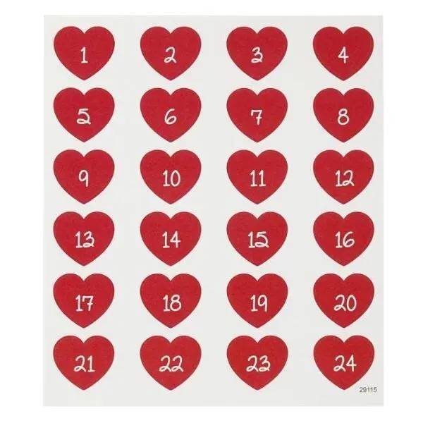 Kalendersiffror Stickers, 24 st. Hjärtan