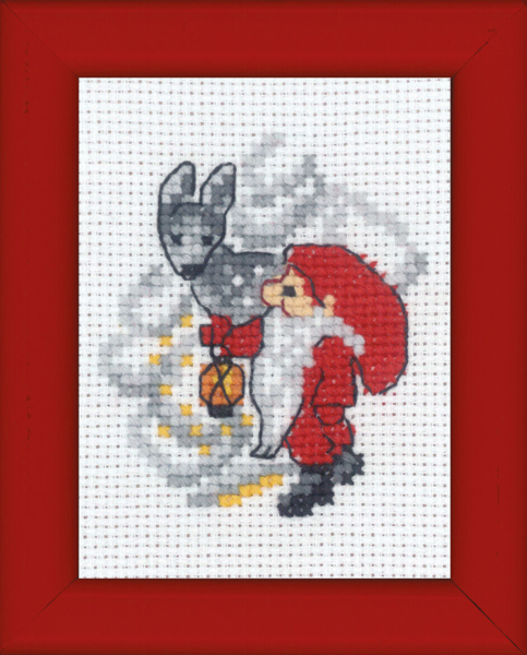Broderikit Tomte och rådjur julbild 6 x 8 cm
