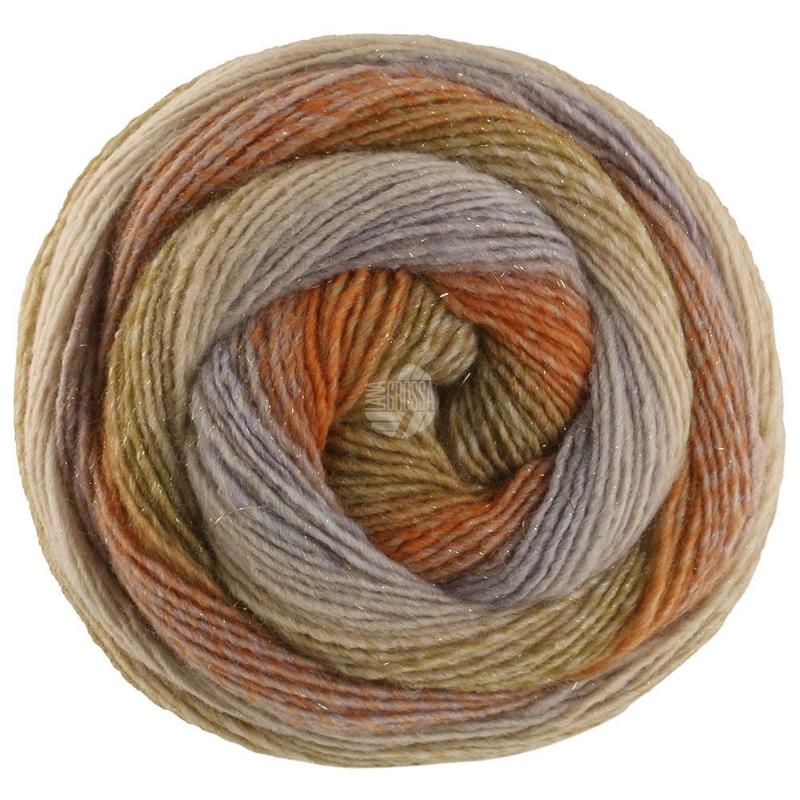 Lana Grossa Gomitolo Gala 4028 Sand/gråbeige/rost/orange/grönorange/kaki/sävgrön/ljus beige