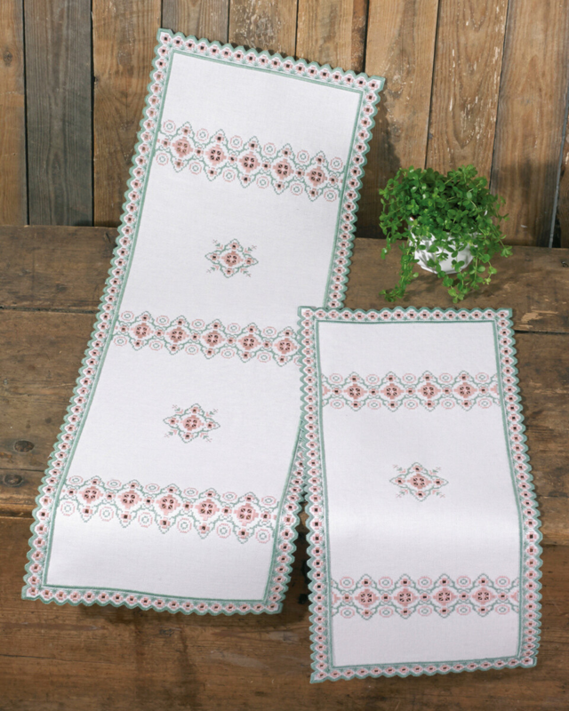 Broderikit Hardanger rosa/grön 33 x 99 cm