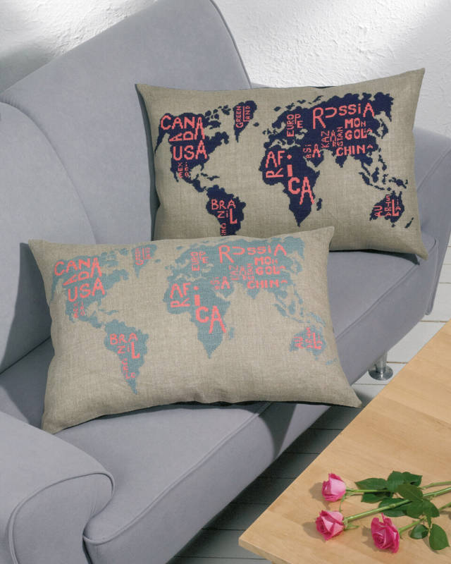 Broderikit Världskarta gråblå 68 x 46 cm