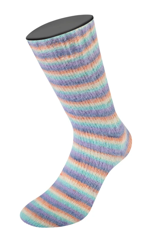 Lana Grossa Cosy Socks Multi Stripes 153 Lavendel/gråblå/lax/kräm/turkos
