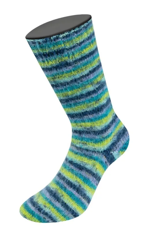 Lana Grossa Cosy Socks Multi Stripes 157 Lavendel/petrol/majgrön/turkos/nattblå