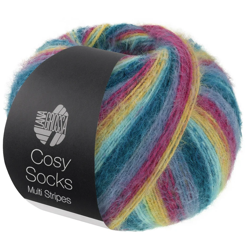 Lana Grossa Cosy Socks Multi Stripes 155 Mörk petrol/ljus turkos/gul/orkidé/gråviolett