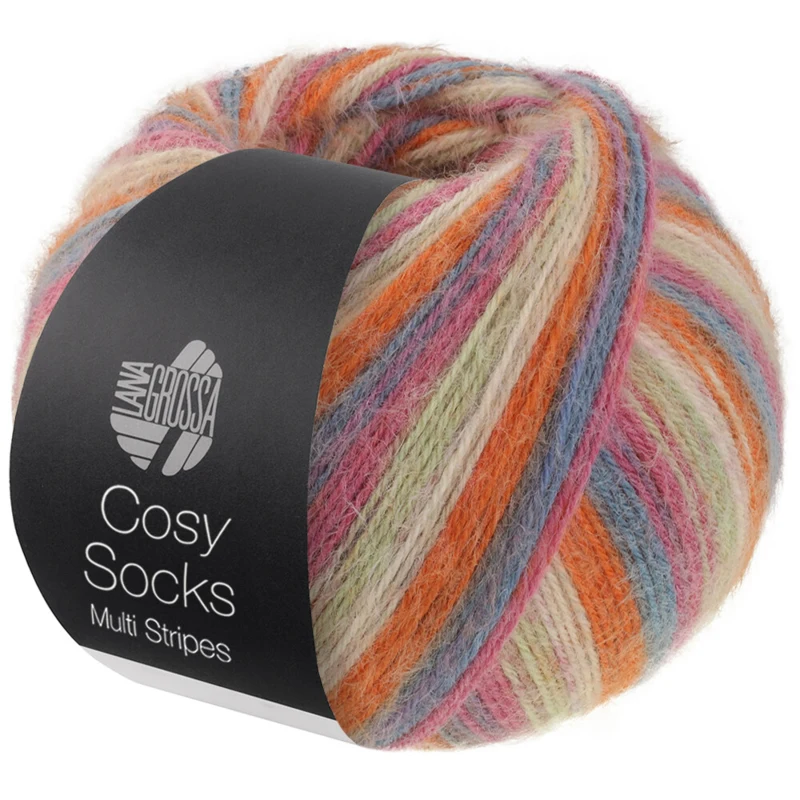 Lana Grossa Cosy Socks Multi Stripes 154 Mörkgrå/gråblå/fuchsia/ljusgrön/kräm/orange
