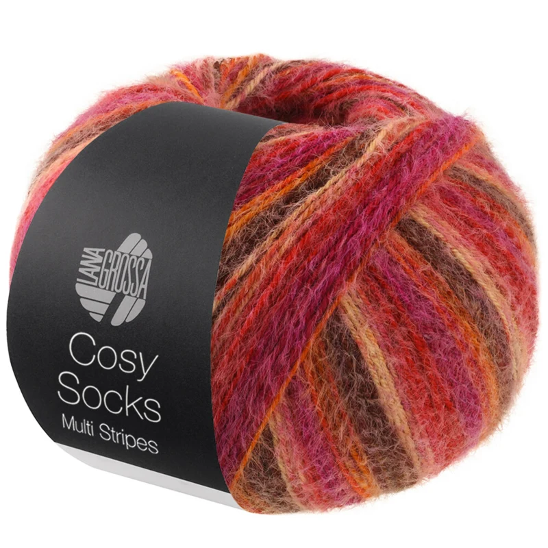Lana Grossa Cosy Socks Multi Stripes 159 Röd/fuchsia/orange/mörkbrun/lax