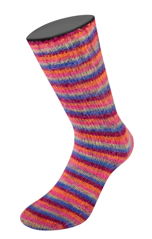 Lana Grossa Cosy Socks Multi Stripes 156 Blåviolett/vinröd/pumpa/rosa/grågrön