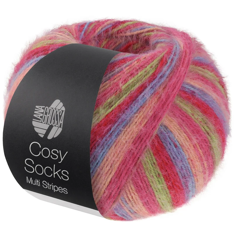 Lana Grossa Cosy Socks Multi Stripes 152 Tulpanröd/violblå/laxrosa/rosa/ljusgrön