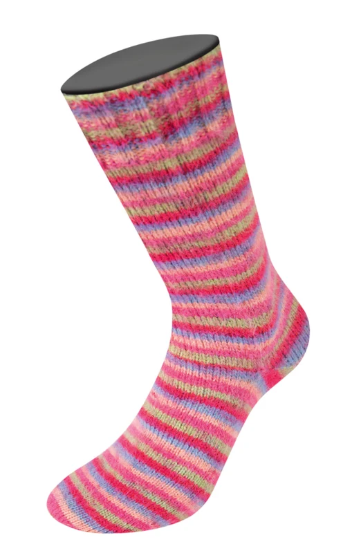 Lana Grossa Cosy Socks Multi Stripes 152 Tulpanröd/violblå/laxrosa/rosa/ljusgrön