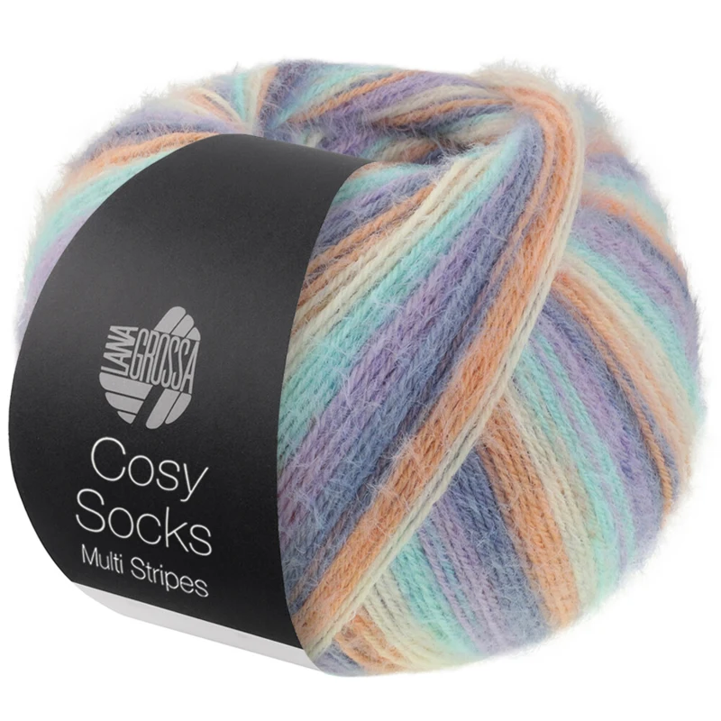 Lana Grossa Cosy Socks Multi Stripes 153 Lavendel/gråblå/lax/kräm/turkos