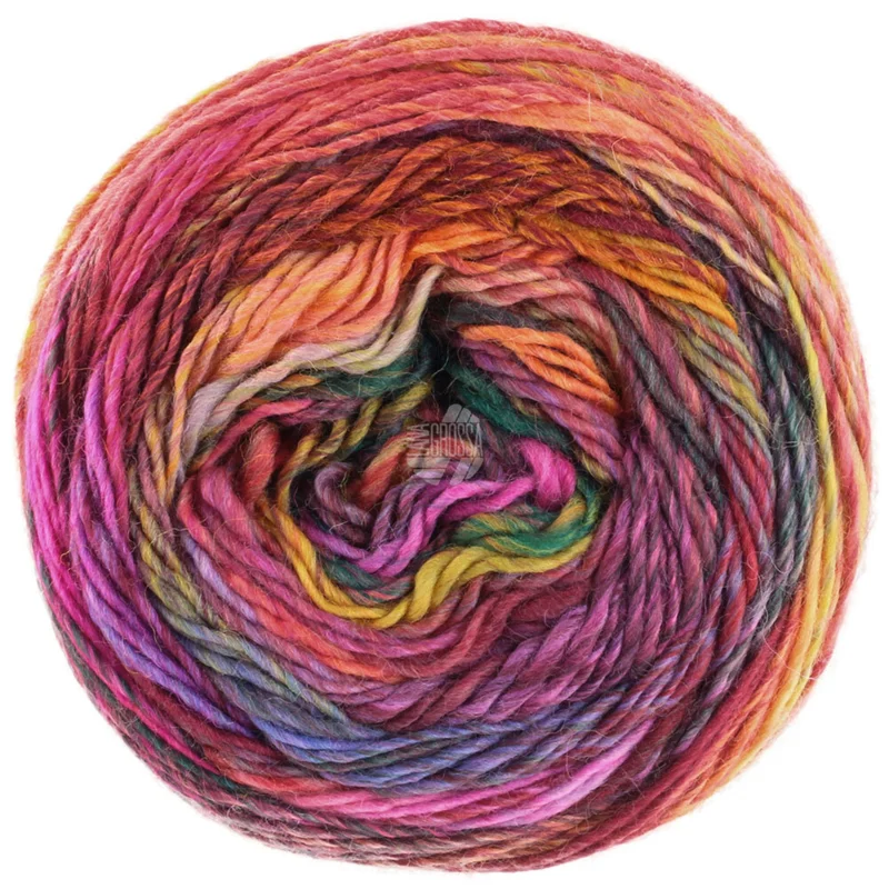 Lana Grossa Colorissimo 218 Rosa/Fuchsia/Äggulegul/Grågul/Orange/Rödbrun/Gröngrå/Svartröd