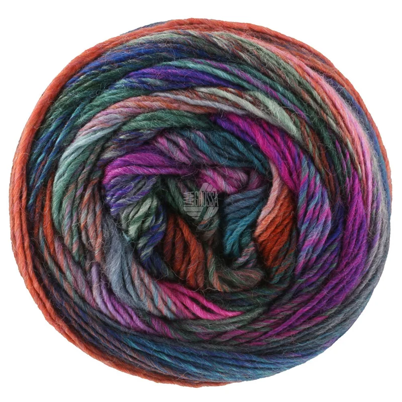 Lana Grossa Colorissimo 222 Jeansblå/Aubergine/Rosa/Orange/Laxfärgad/Grå/Mörk gråviolett/Grågrön/Mörkgrön