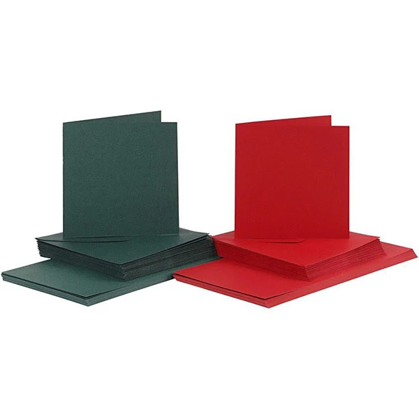 Kort och kuvert, kort 15 x 15 cm, kuvert 16 x 16 cm, 50 set Grön Röd