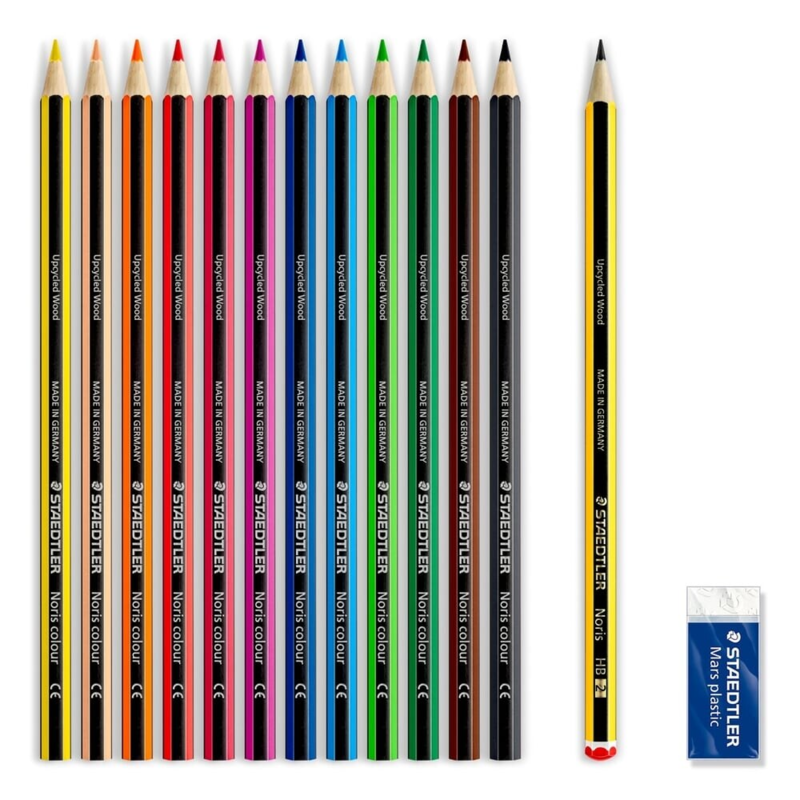 STAEDTLER Noris Club Crayons + Penna & suddgummi, 12 + 2 st