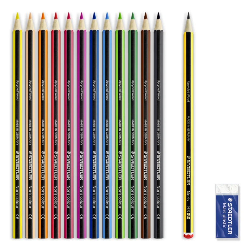 STAEDTLER Noris Club Crayons + Penna & suddgummi, 12 + 2 st – Innehåll