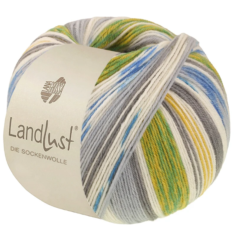 Lana Grossa Landlust Die Sockenwolle 724 Äppelgrön/Senapsgul/Ecru/Ljusgrå/Mellangrå/Denimblå