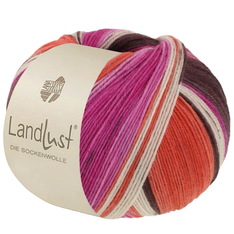 Lana Grossa Landlust Die Sockenwolle 135 Gråbrun/Fuchsia/Ecru/Terrakotta/Orkidé randig